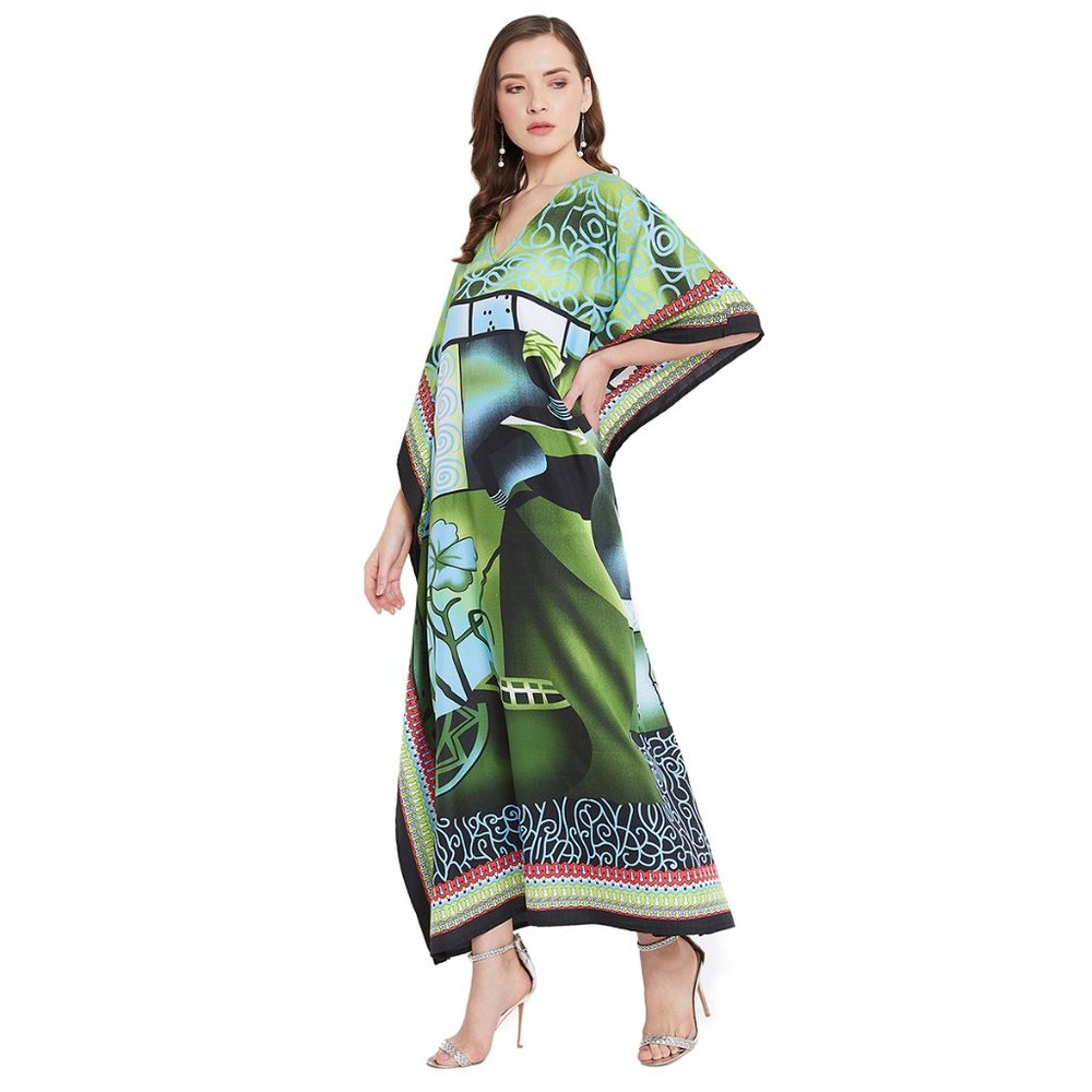 Floral Printed Green Polyester Plus Size Kaftan Dress for Women by Gypsie Blu - Picture 6 of 10